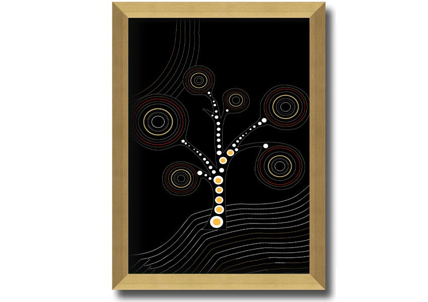 Framed Aboriginal Tree 2 print showcasing vibrant colors and intricate patterns, ready to hang.